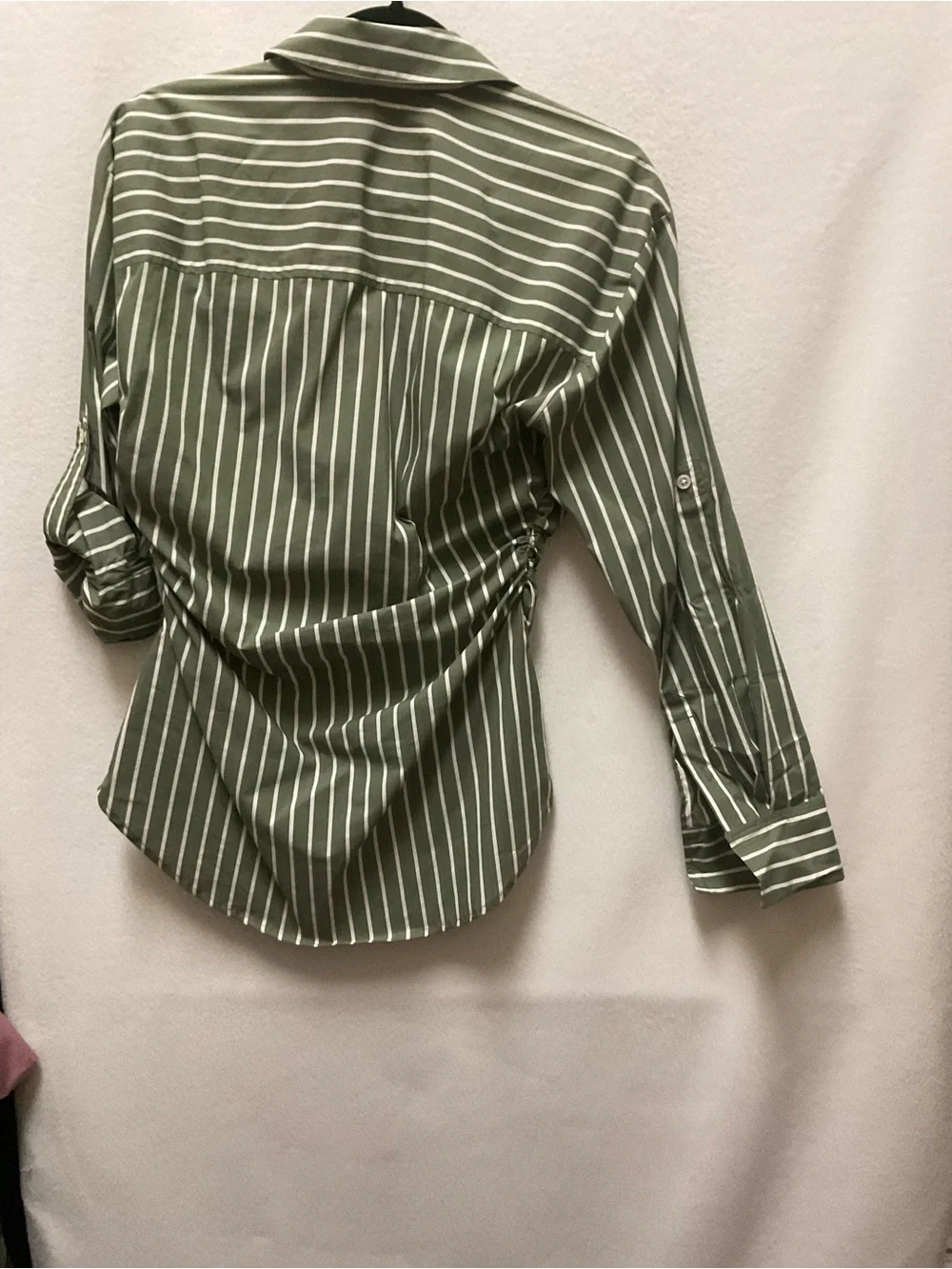 Veronica Beard Olive Green & White Striped Ruched Button-Down Shirt - Picture 4 of 5